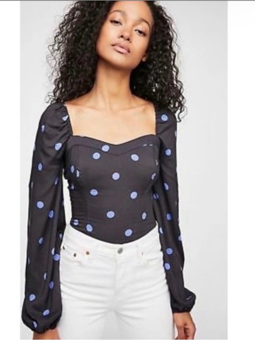Free People Black Crop Top with Blue Polka Dots